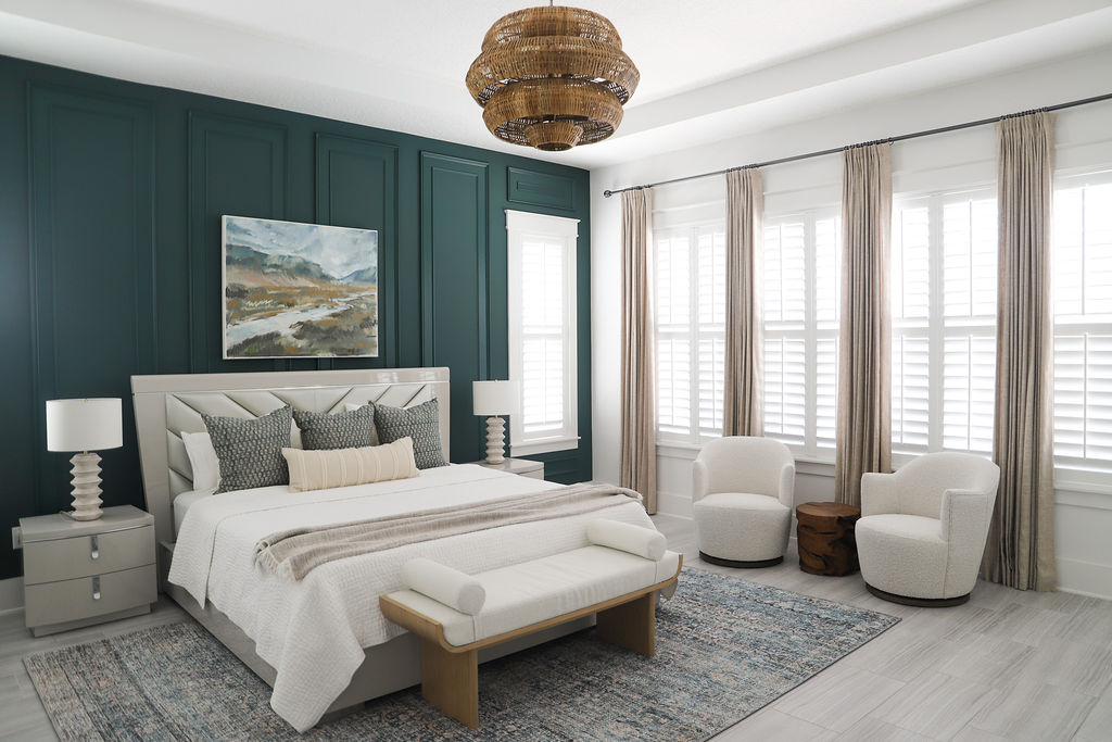 After the Welcome Home Styling team revamped the room it now appears bright and spacious, with a beautiful dark teal accent wall and Modern Coastal style.