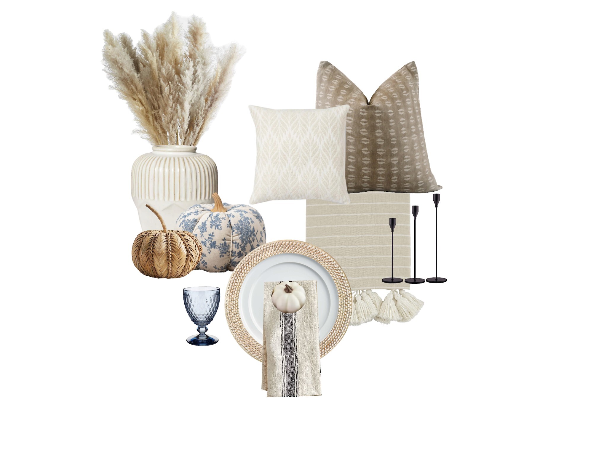 A collection of items to decorate a coastal modern home for Fall. 