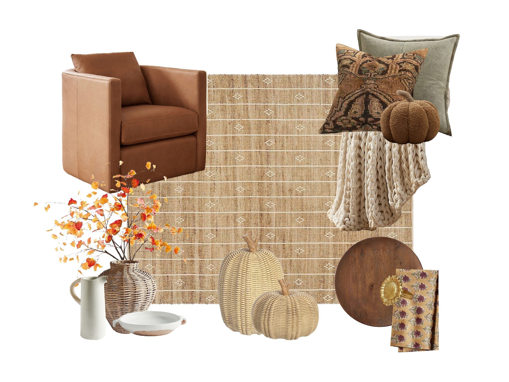 a collection of items for fall decorating a trasitional home. 