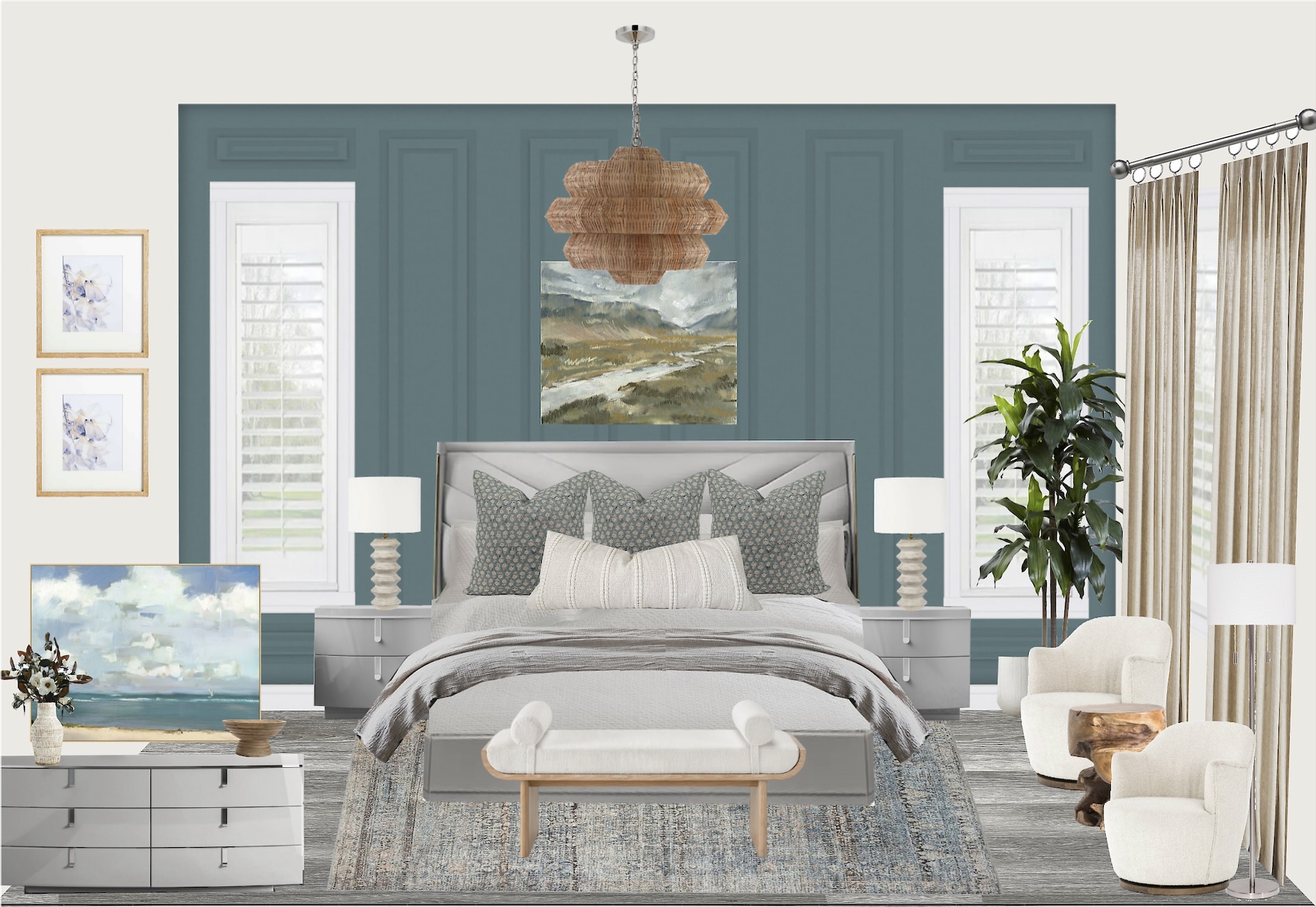 This digital design was created for a client who wanted to revamp their master bedroom. It shows furniture selections and arrangements of how everything will be placed in the space so the client can see the vision for the room.<br />
