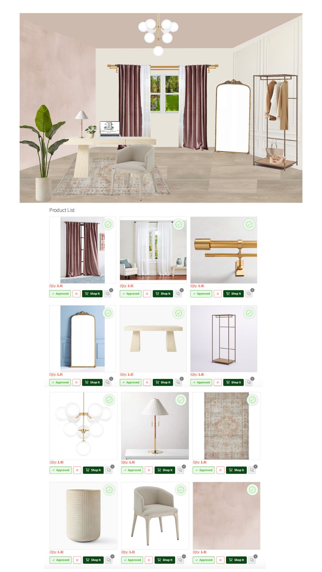 This virtual board lays out all the items needed for a room and where to buy them. 