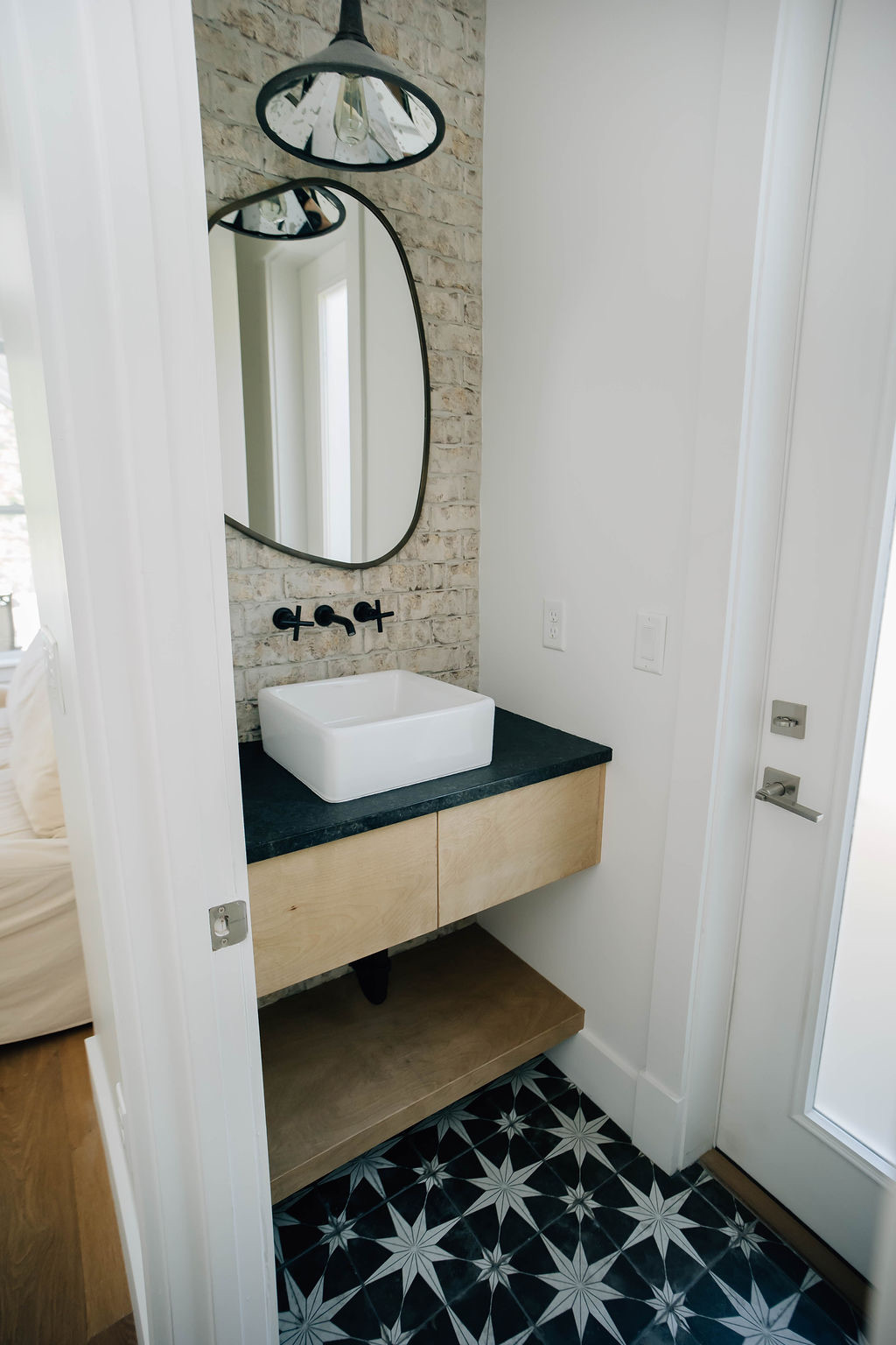 Here the selections from the picture on the left come to life in this powder bath remodel. 