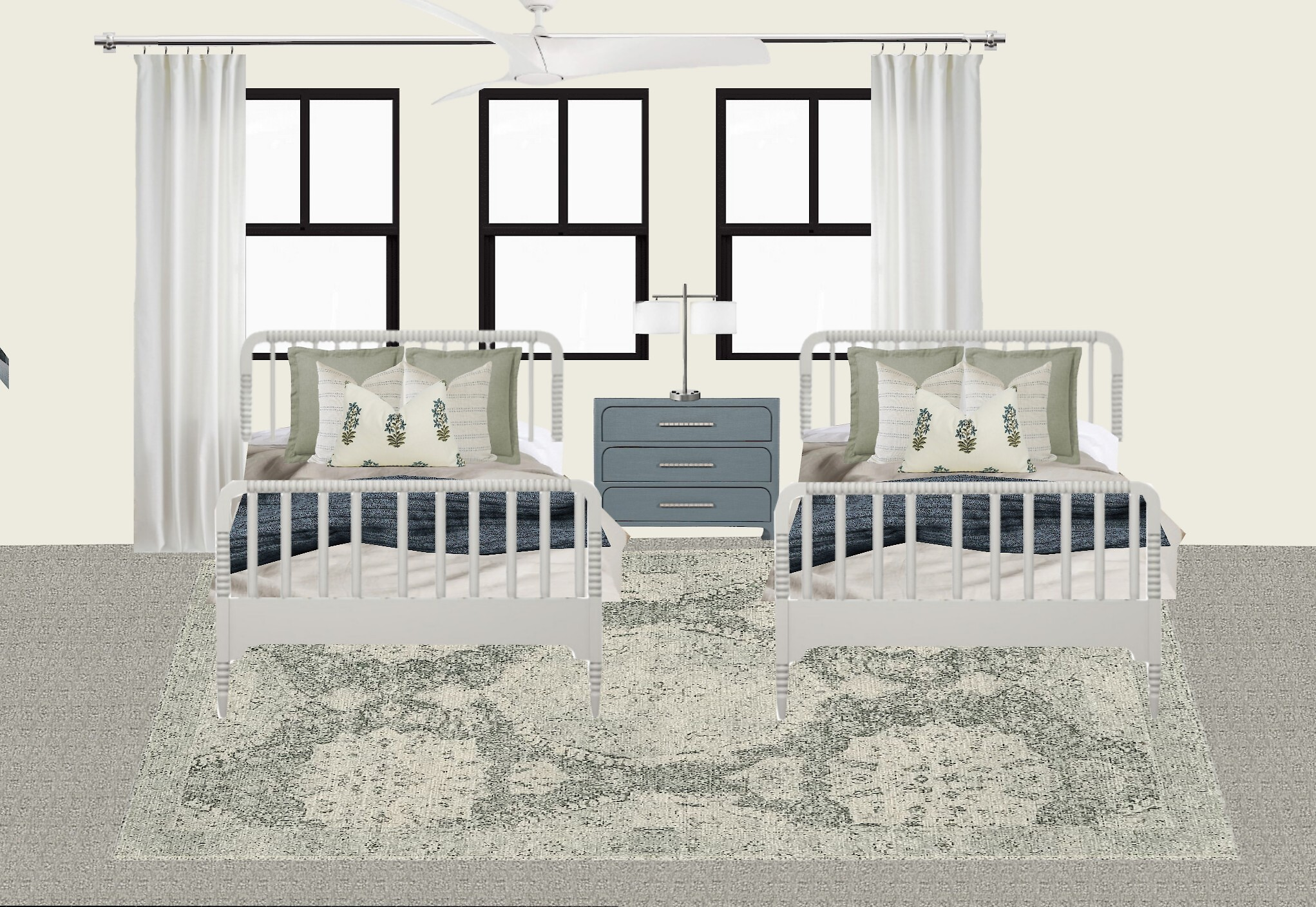 Welcome Home Styling brought this beautiful digital interior design to life for this cozy coastal-inspired twin bedroom utilizing a large area rug under the beds to make the room feel more cohesive.