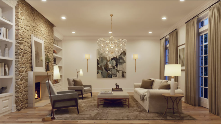 Before-and-after images of a living room showing the impact of layered lighting on ambiance and depth.