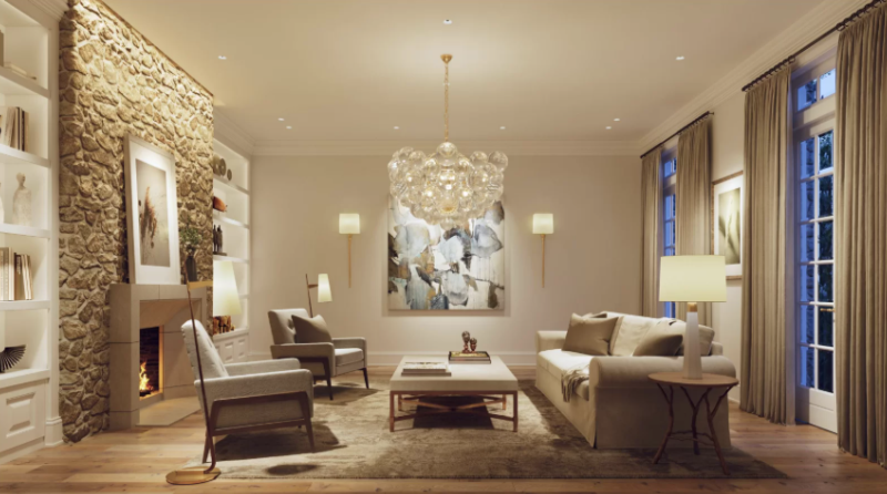 Before-and-after images of a living room showing the impact of layered lighting on ambiance and depth.