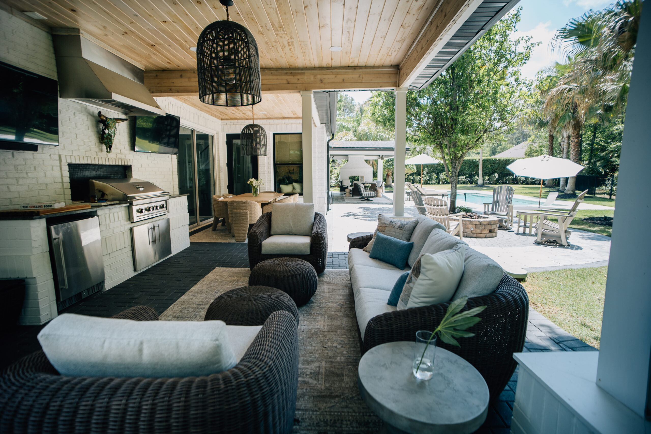 Covered outdoor living area in a new construction home featuring an outdoor kitchen, comfortable lounge seating, dining space, pool, and landscaped backyard.